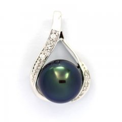 14K Solid White Gold + 6 diamonds 0.04 carats VS1 and 1 Tahitian Pearl Round B+ 9.3 mm