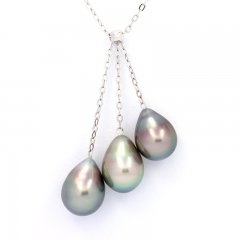 Rhodiated Sterling Silver Necklace and 3 Tahitian Pearls Semi-Baroque B 9.1 to 9.4 mm