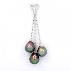 Rhodiated Sterling Silver Pendant and 3 Tahitian Pearls Ringed B 8.7 to 9 mm