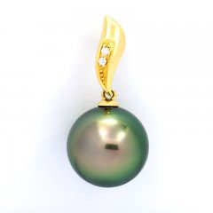 18K solid Gold Pendant + 2 diamonds 0.018 carats VS1 and 1 Tahitian Pearl Round B 12.6 mm