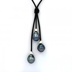 Leather Necklace and 3 Tahitian Pearls Ringed B+ 9  9.6 mm