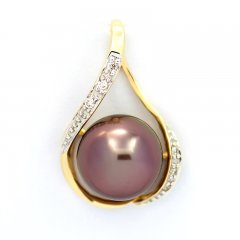 14K Solid Gold Pendant + 6 diamonds and 1 Tahitian Pearl Near-Round A 10.1 mm