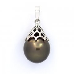 Rhodiated Sterling Silver Pendant and 1 Tahitian Pearl Semi-Baroque C 11.6 mm