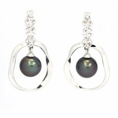 Rhodiated Sterling Silver Earrings and 2 Tahitian Pearls Round C 8.6 mm