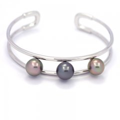 Rhodiated Sterling Silver Bracelet and 3 Tahitian Pearls Semi-Round B 9 mm