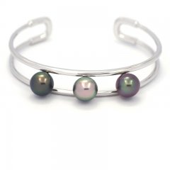 Rhodiated Sterling Silver Bracelet and 3 Tahitian Pearls Semi-Round B 9.1 to 9.4 mm