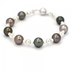Rhodiated Sterling Silver Bracelet and 8 Tahitian Pearls Semi-Round C 8.7 to 9 mm