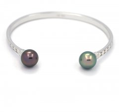 Rhodiated Sterling Silver Bracelet and 2 Tahitian Pearls Round C 10 mm
