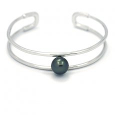 Rhodiated Sterling Silver Bracelet and 1 Tahitian Pearl Round B 9.5 mm