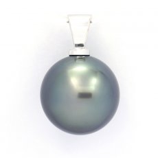 18K Solid White Gold Pendant and 1 Tahitian Pearl Round B/C 13.6 mm