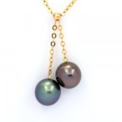 18K solid Gold Chain and 2 Tahitian Pearls Near-Round 1 A, 1 B, 9.5 & 9.6 mm