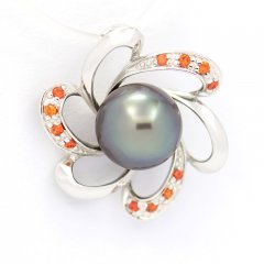 Rhodiated Sterling Silver Pendant and 1 Tahitian Pearl Near-Round C 8.9 mm
