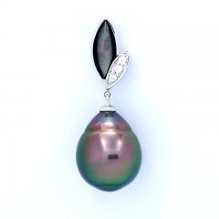 Rhodiated Sterling Silver Pendant and 1 Tahitian Pearl Ringed AB 11.8 mm