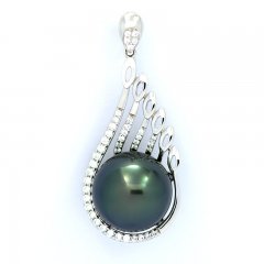 Rhodiated Sterling Silver Pendant and 1 Tahitian Pearl Near-Round C 12.7 mm