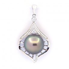Rhodiated Sterling Silver Pendant and 1 Tahitian Pearl Round B/C 12 mm