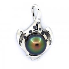 Rhodiated Sterling Silver Pendant and 1 Tahitian Pearl Semi-Baroque C 13.7 mm