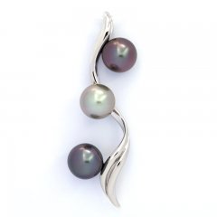 Rhodiated Sterling Silver Pendant and 3 Tahitian Pearls Round B/C 9.7 to 9.8 mm