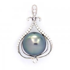 Rhodiated Sterling Silver Pendant and 1 Tahitian Pearl Round B/C 11 mm