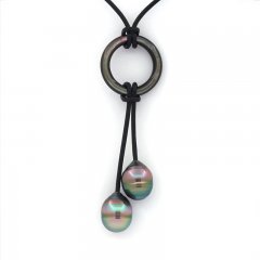 Leather Necklace and 2 Tahitian Pearls Ringed C+ 10.3 mm