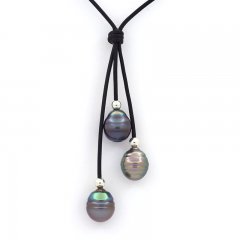 Leather Necklace and 3 Tahitian Pearls Ringed C 10.7 to 10.8 mm