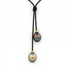 Leather Necklace and 2 Tahitian Pearls Ringed B 10.8 mm