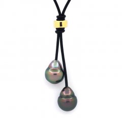 Leather Necklace and 2 Tahitian Pearls Ringed B 11.5 mm