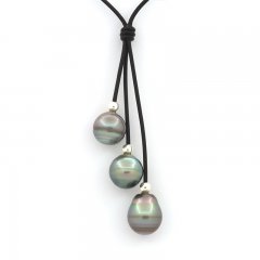 Leather Necklace and 3 Tahitian Pearls Ringed B/C from 12 to 11.5 mm
