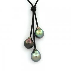 Leather Necklace and 3 Tahitian Pearls Ringed B 10.1 to 10.7 mm