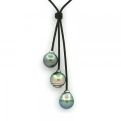 Leather Necklace and 3 Tahitian Pearls Ringed B/C 11.3 to 11.8 mm
