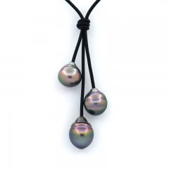 Leather Necklace and 3 Tahitian Pearls Ringed B/C 11 to 11.4 mm