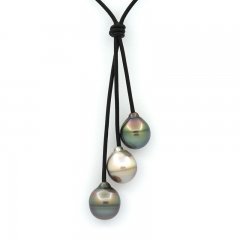 Leather Necklace and 3 Tahitian Pearls Ringed C from 11.5 to 11.9 mm