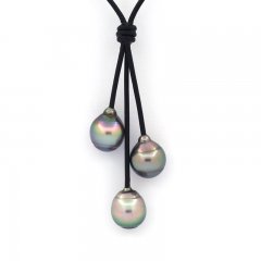 Leather Necklace and 3 Tahitian Pearls Ringed B/C 10.2 to 10.6 mm