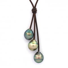 Leather Necklace and 3 Tahitian Pearls Ringed C 11 to 11.6 mm