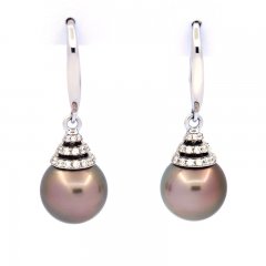 Rhodiated Sterling Silver Earrings and 2 Tahitian Pearls Round B/C 9.8 mm