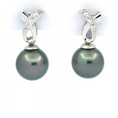 Rhodiated Sterling Silver Earrings and 2 Tahitian Pearls Near-Round B 8.2 mm