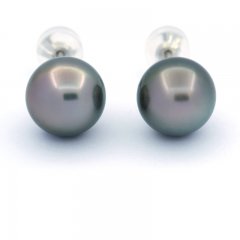 Rhodiated Sterling Silver Earrings and 2 Tahitian Pearls Round C 10.8 mm