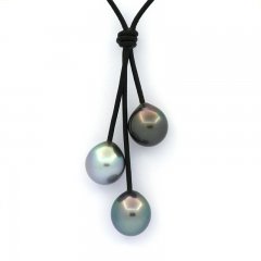Leather Necklace and 3 Tahitian Pearls Semi-Baroque C from 11.5 to 11.6 mm