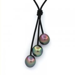 Leather Necklace and 3 Tahitian Pearls Semi-Baroque B/C from 10.1 to 10.3 mm