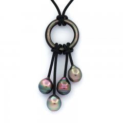 Leather Necklace and 4 Tahitian Pearls Ringed B/C 8.4 to 8.9 mm
