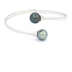 Rhodiated Sterling Silver Bracelet and 2 Tahitian Pearls Round C 10.6 mm