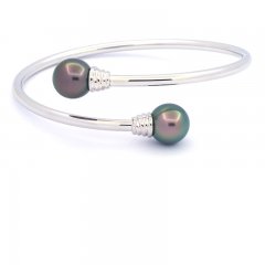 Rhodiated Sterling Silver Bracelet and 2 Tahitian Pearls Round C 10.4 mm