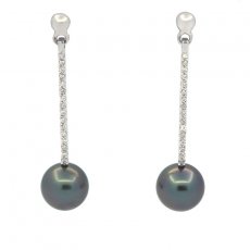 Rhodiated Sterling Silver Earrings and 2 Tahitian Pearls Round B/C 8.8 mm