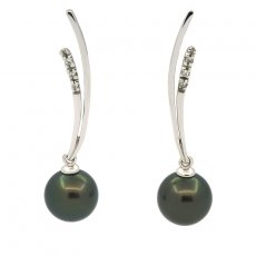 Rhodiated Sterling Silver Earrings and 2 Tahitian Pearls Round B/C 8.7 mm