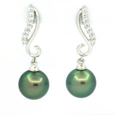 Rhodiated Sterling Silver Earrings and 2 Tahitian Pearls Round C+ 8.5 mm
