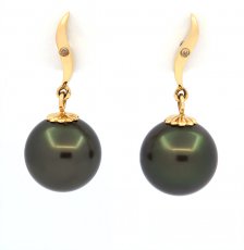 18K Solid Gold Earrings + 2 diamonds and 2 Tahitian Pearls Round B 10.2 mm