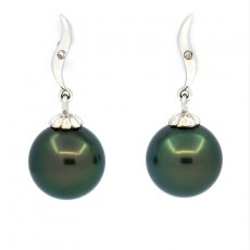 18K Solid Gold Earrings + 2 diamonds and 2 Tahitian Pearls Round A & AB 10.2 mm