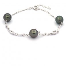 Rhodiated Sterling Silver Bracelet and 3 Tahitian Pearls Semi-Round B 8.2 mm