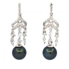 Rhodiated Sterling Silver Earrings and 2 Tahitian Pearls Round C 9.4 mm