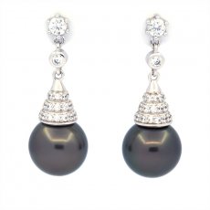 Rhodiated Sterling Silver Earrings and 2 Tahitian Pearls Round B/C 9.5 mm