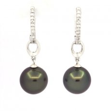 Rhodiated Sterling Silver Earrings and 2 Tahitian Pearls Round B/C 9.6 mm